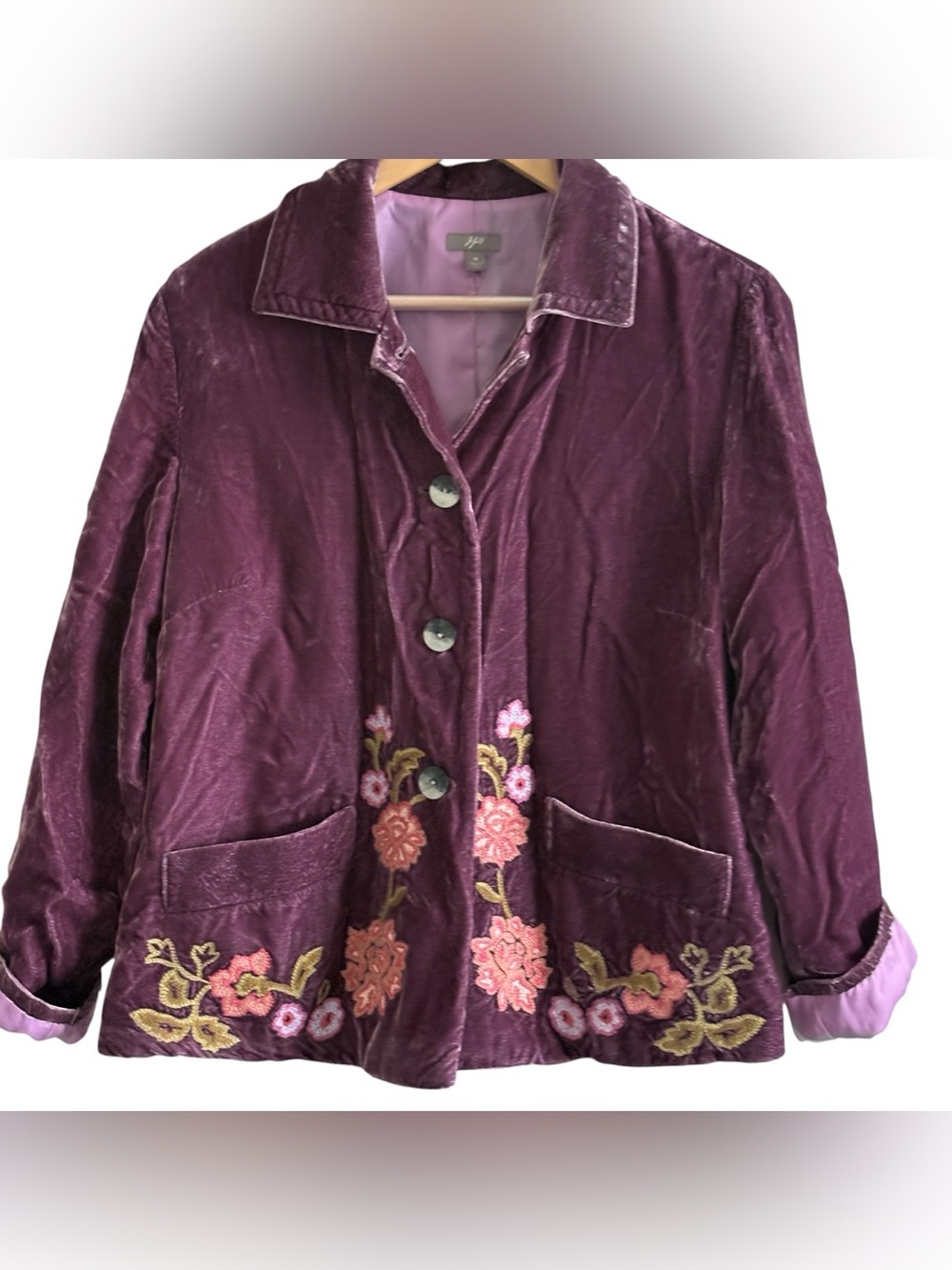 J.Jill Crushed Velour Embroidered Floral Purple Jacket Size Medium Boho